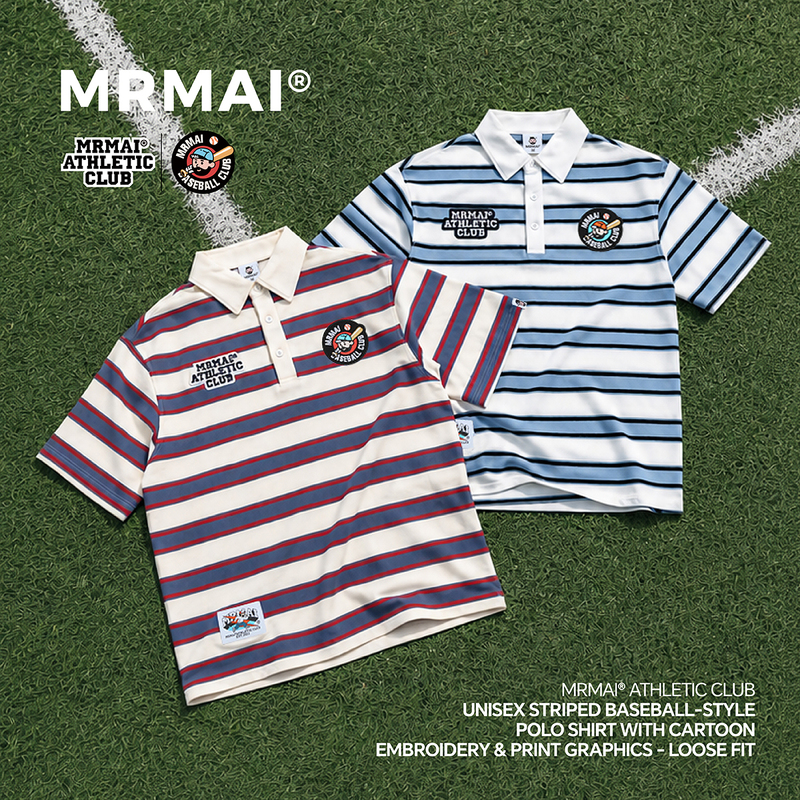 Mrmai Sports Club Series Summer Baseball Cartoon Embroidery Print Striped Sports Casual Polo Shirt Mrmai Sports Club Series Summer Baseball Cartoon Embroidery Print Striped Sports Casual Polo Shirt