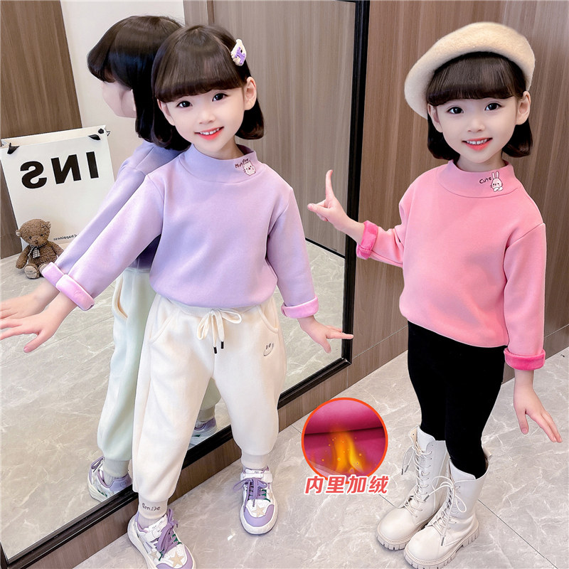 Girls' bottoming shirt plus velvet thickened long-sleeved t-shirt 2022 autumn pure cotton girls winter tops little girl pullover