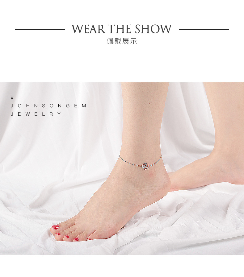 JG bốn lá cỏ ba lá vòng chân 925 sterling bạc bạn gái cho bạc đa năng đơn giản dễ thương vòng chân cá chép nữ