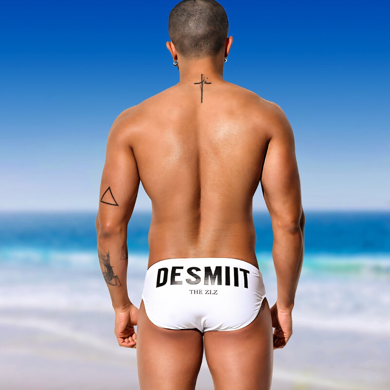 Desmiit Men's Swim Trunks Sexy Printed Low-Rise Lace-Up Cup Anti-Embarrassment Large Triangle Swimming Trunks for Men