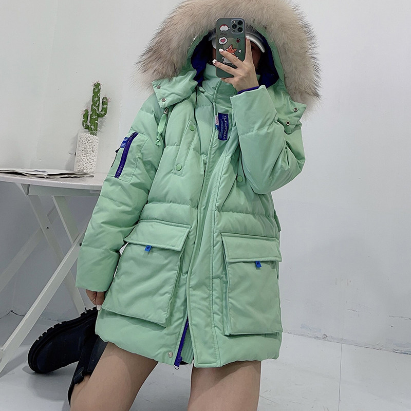 2021 Winter new South Korea Dongdaemun Large fur collar down jacket for women's medium long version of cashiker overcoat wave
