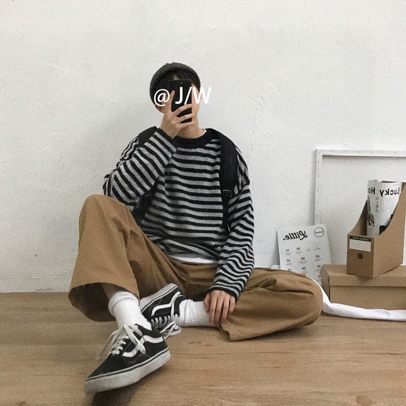 J / W áo len cổ tròn sọc áo len cổ điển áo cardigan nam