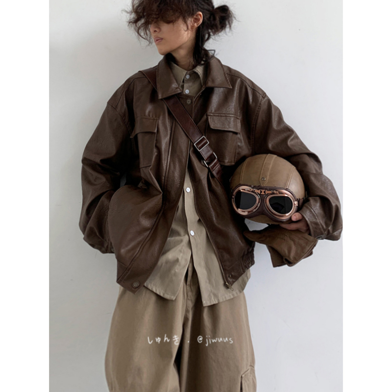 Jiwuus Autumn Vintage Style Cool Pu Motorcycle Leather Jacket for Men and Women Students, Neutral Brown Leather Jacket