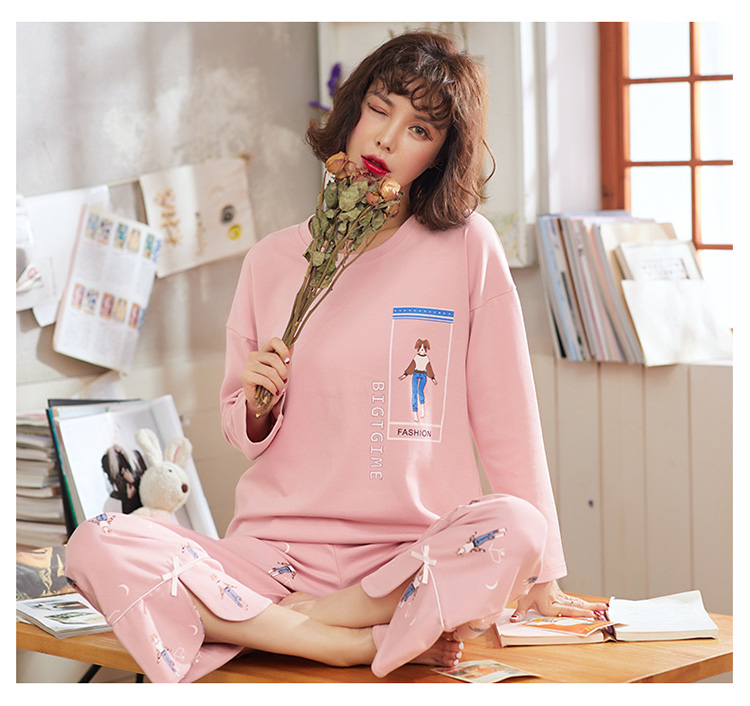 Đồ ngủ nữ mùa xuân và mùa thu cotton dài tay có thể được mặc bên ngoài cộng với phân bón XL chất béo mm200 kg phiên bản Hàn Quốc của bộ đồ lỏng mùa thu bộ đồ khủng long