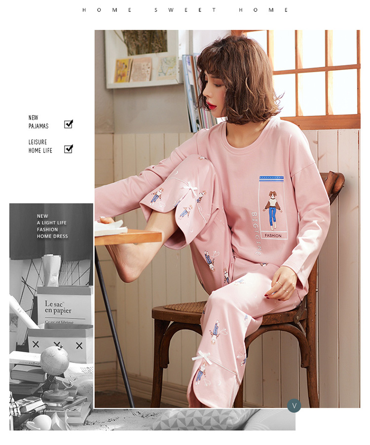 Đồ ngủ nữ mùa xuân và mùa thu cotton dài tay có thể được mặc bên ngoài cộng với phân bón XL chất béo mm200 kg phiên bản Hàn Quốc của bộ đồ lỏng mùa thu bộ đồ khủng long