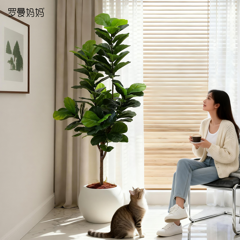 Roman's Mother's Ficus Lyrata Artificial Green Plant, High-End Light Luxury Fake Plant, Indoor Living Room Potted Plant, Office Bonsai