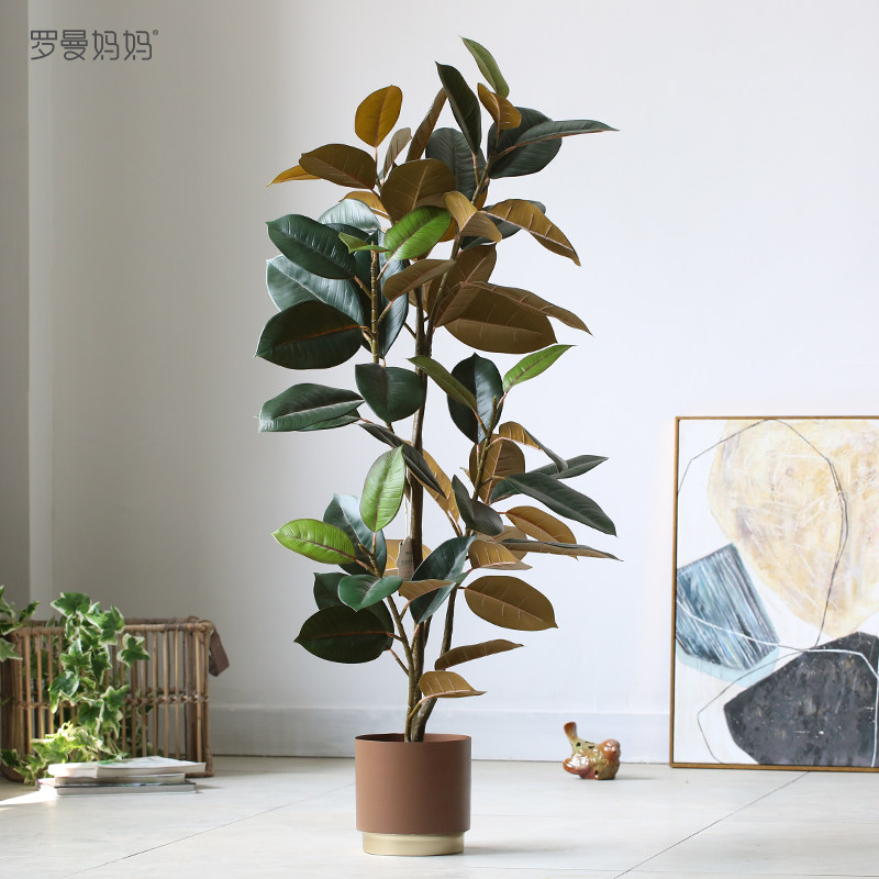 Roman Mama Nordic Emulation Plant Potted Rubber Tree Leaf Lush Version Large Floor Bonsai Indoor Pendulum-Taobao