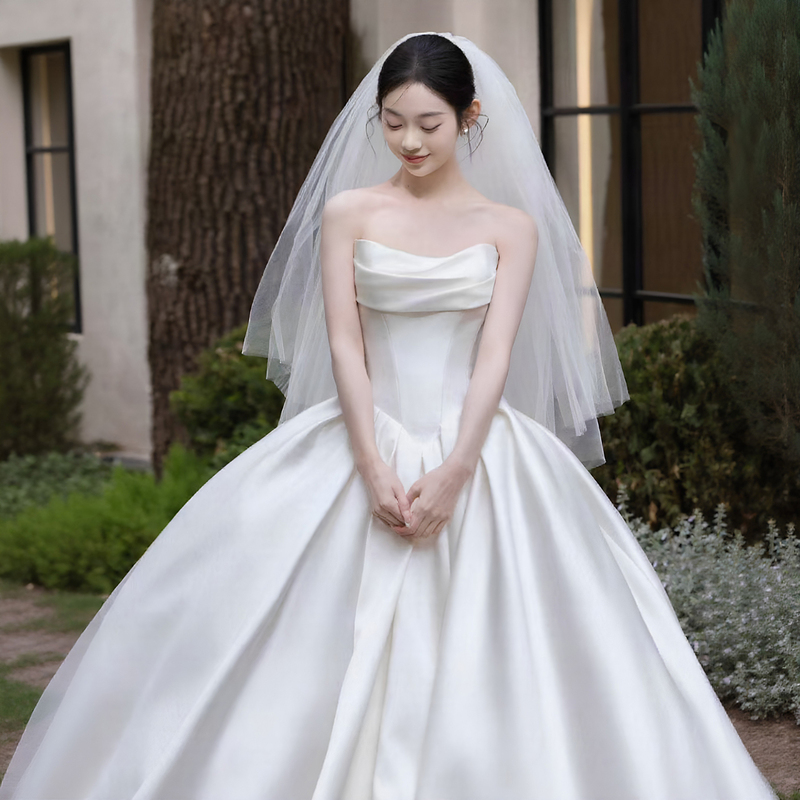 Korean Style Strapless Satin Wedding Dress 2026 New Style with Train, Princess Dress, French Style, Maternity, High-End Texture, Bridal Main Dress Korean Style Strapless Satin Wedding Dress 2026 New Style with Train, Princess Dress, French Style, Maternity, High-End Texture, Bridal Main Dress