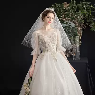 Main light wedding dress 2021 new bride shoulder French bubble sleeve thin simple super fairy
