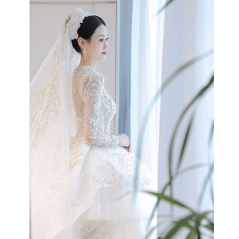 Wedding 2024 Bride's New Mainly Wedding Long Sleeve Heavy Industry One Shoulder Palace Wedding Wedding Dragon Tail Wedding 2024 Bride's New Mainly Wedding Long Sleeve Heavy Industry One Shoulder Palace Wedding Wedding Dragon Tail