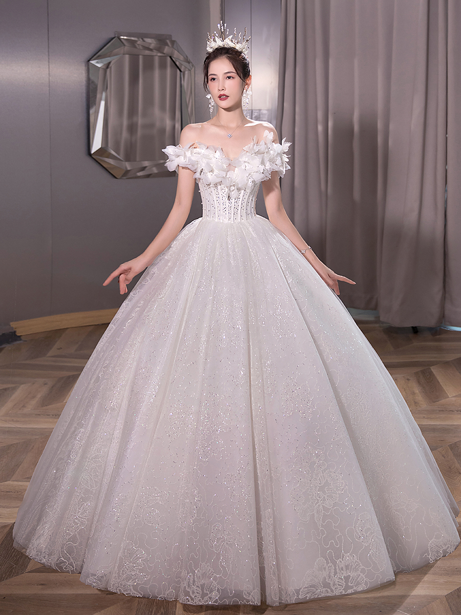 One -character wedding dress 2023 new bride's main yarn high -end texture autumn and winter French thin temperament shiny One -character wedding dress 2023 new bride's main yarn high -end texture autumn and winter French thin temperament shiny