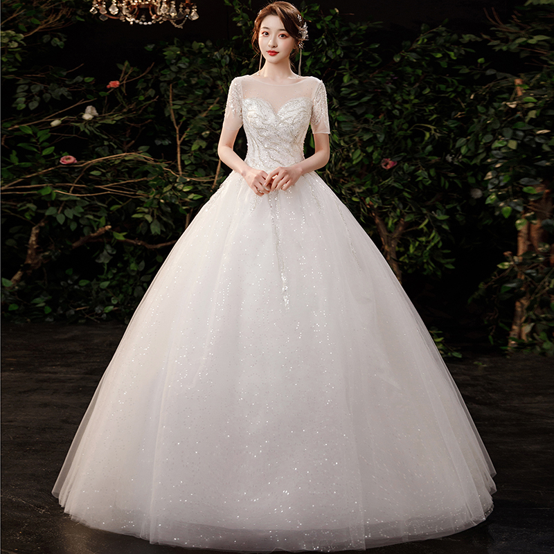 Light wedding dress 2022 new bridal Korean temperament Qi ground starred gown with super fairy dream lined with short sleeves