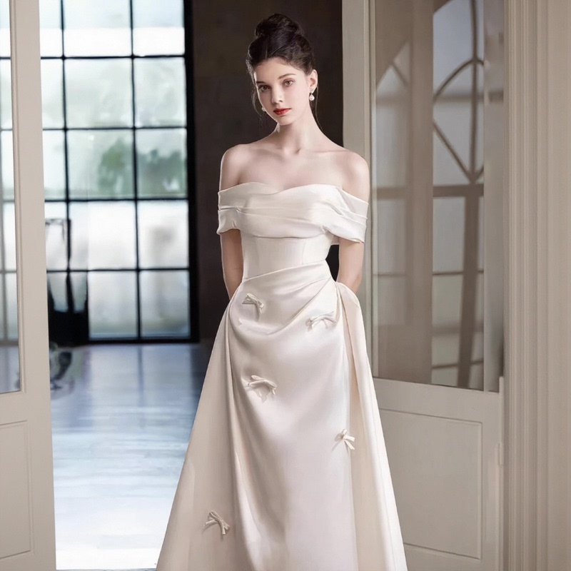 Light Wedding Dress Main Fabric High-Quality Satin 2026 New French Style Bride Off-Shoulder Morning Gown for Marriage Registration and Engagement