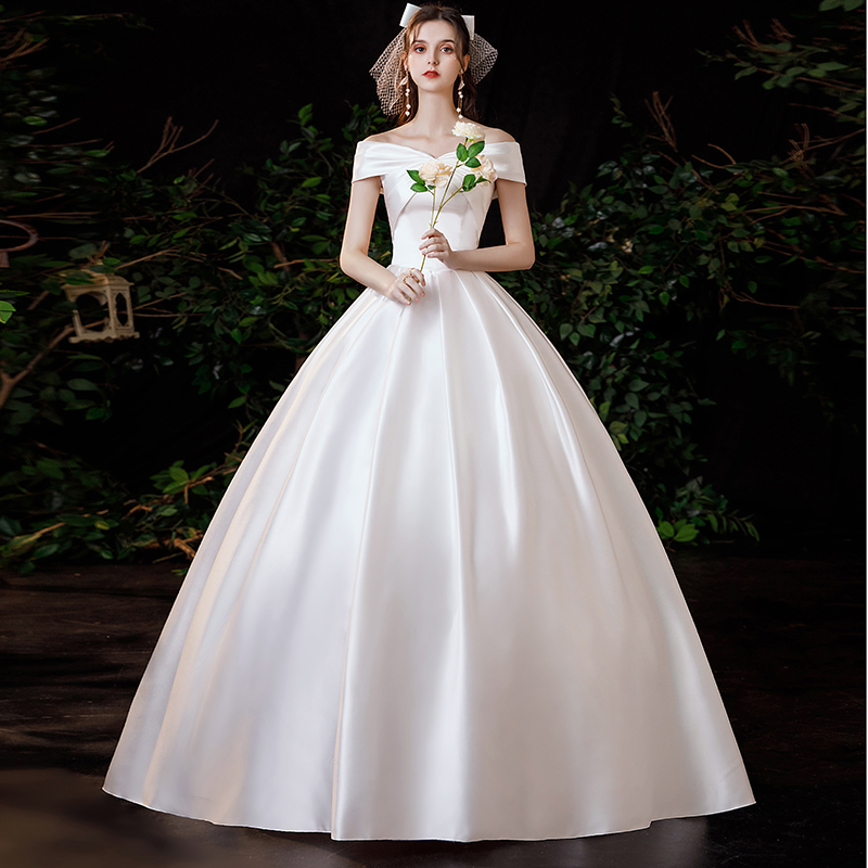 Main wedding dress 2024 new bride with long sleeves satin super immortal simple atmosphere, gauze, one shoulder shoulders spring and summer Main wedding dress 2024 new bride with long sleeves satin super immortal simple atmosphere, gauze, one shoulder shoulders spring and summer