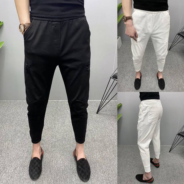 Summer thin trendy men's small-footed pants, slim and fashionable ripped pants, leg-binding Internet celebrity harem pants, spiritual boy pants