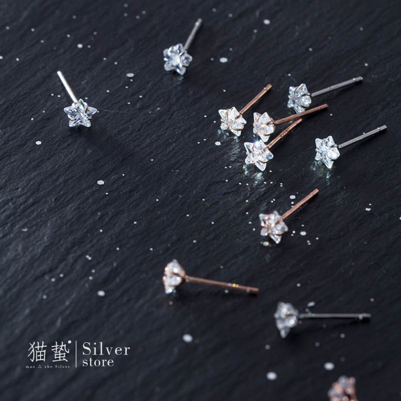 Cat Sting S925 Sterling Silver Star Mini Zircon Stud Earrings Female Japanese and Korean Small Simple Small Schoolgirl Hypoallergenic Silver Jewelry