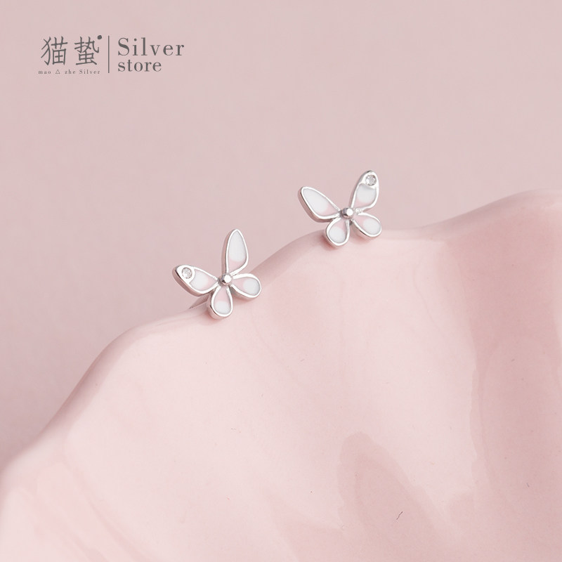 Cat jellyfish 925 pure silver powder color drop glaze small butterfly ear nail 2021 new anti-allergy fresh and small cute ear nail