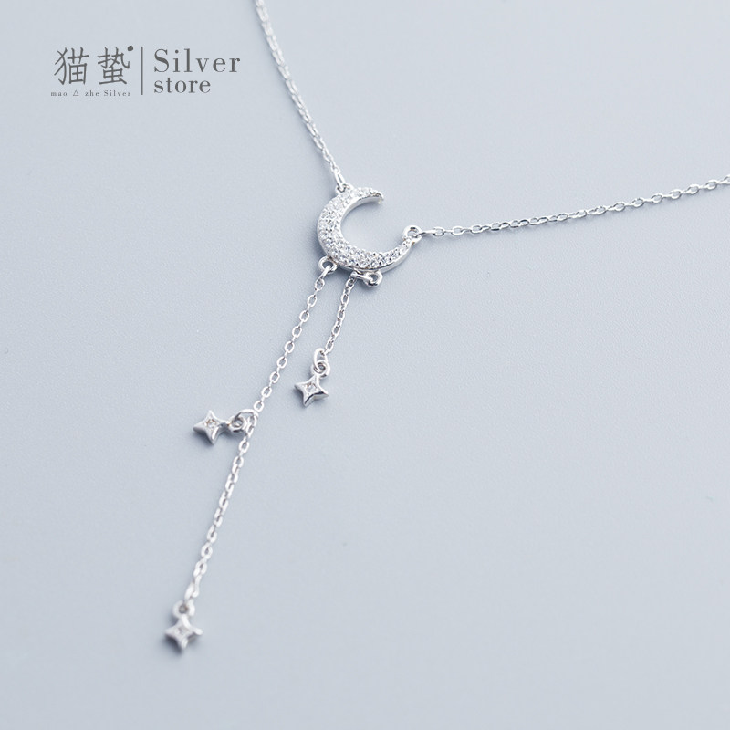 Cat Jellyfish S925 Pure Silver Moon Stars Light Extravagant Necklace Woman Neck Necklace Small Crowd Design Sense Superior Temperament Collarbone Chain