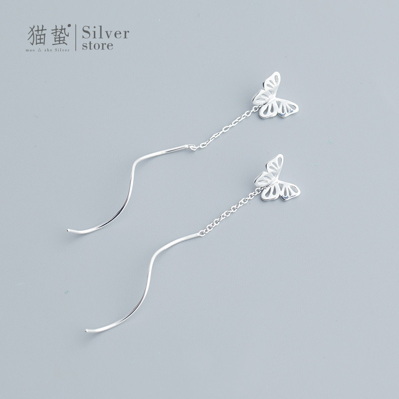 Cat Jellyfish S925 Pure Silver Hollowed-out Butterfly Ear Needle Girl South Korea Temperament Fashion Brief About Long Edition Student Earl Accessories