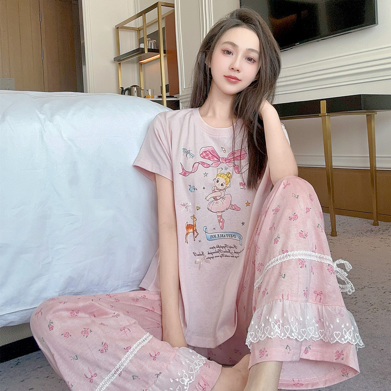Cute Baby Doll Pajamas for Girls, Summer Pure Cotton Short-Sleeved Long Pants Loungewear Set, Can Be Worn Outside, Spring and Autumn Thin Style, Cartoon