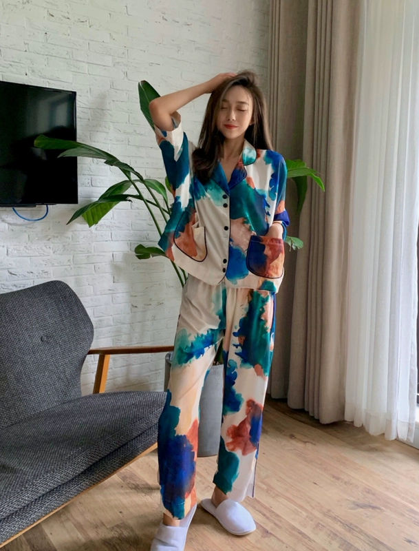 Tie-dy pyjama phụ nữ mùa hè mùa thu băng lụa gợi cảm in lưới màu đỏ mỏng điều hòa không khí phòng dịch vụ nhà lụa bảy phần tư tay áo phù hợp - Nam giới