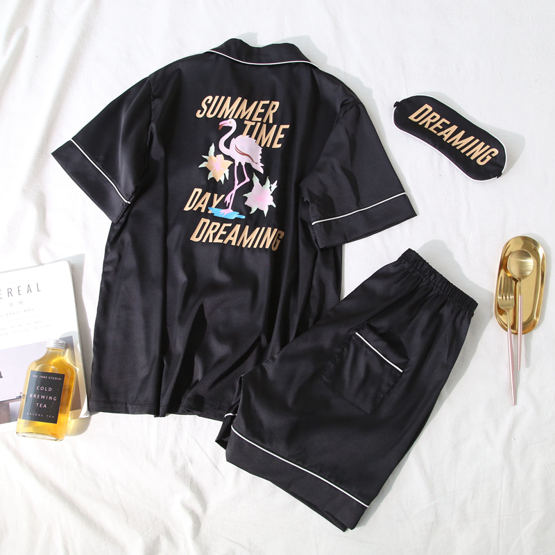 Phim hoạt hình Bộ đồ ngủ bằng lụa Flamingo Cặp đôi mùa hè Sexy Tay áo ngắn Thiết lập dịch vụ nhà băng lụa Hàn Quốc Nam và nữ đồ bộ trung niên