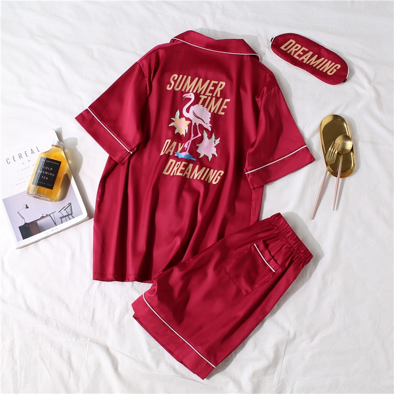 Phim hoạt hình Bộ đồ ngủ bằng lụa Flamingo Cặp đôi mùa hè Sexy Tay áo ngắn Thiết lập dịch vụ nhà băng lụa Hàn Quốc Nam và nữ đồ bộ trung niên