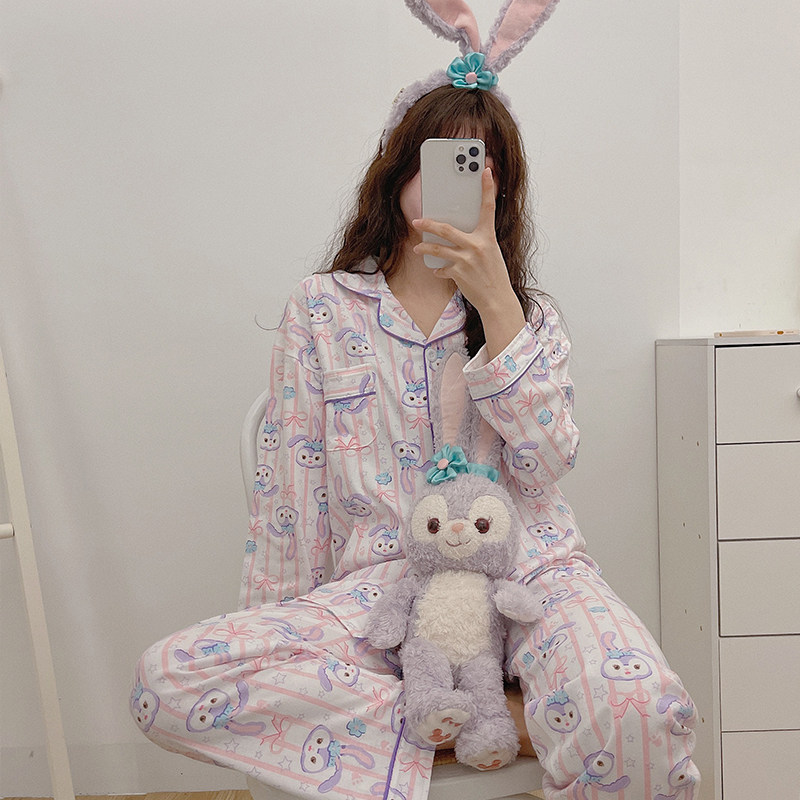 StarDalu 2021 new pajamas female spring and autumn purple cotton cute day two pieces of puppet stripes