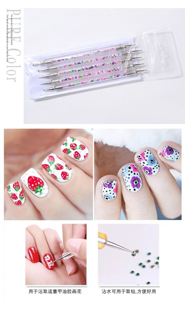 Dụng cụ làm móng đôi đầu bằng kim cương ngọc trai điểm bút khoan Kích thước đôi đầu vẽ bút vẽ 5 cây gậy - Công cụ Nail kìm bấm móng tay