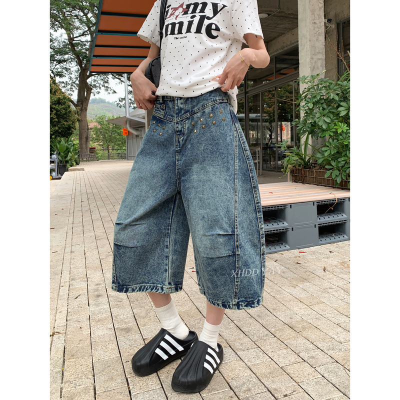 Xhdd Yay Original Custom-Made Retro Rivet Denim Cropped Pants for Women, Spring and Summer Loose Outdoor Sports Casual Pants Trendy