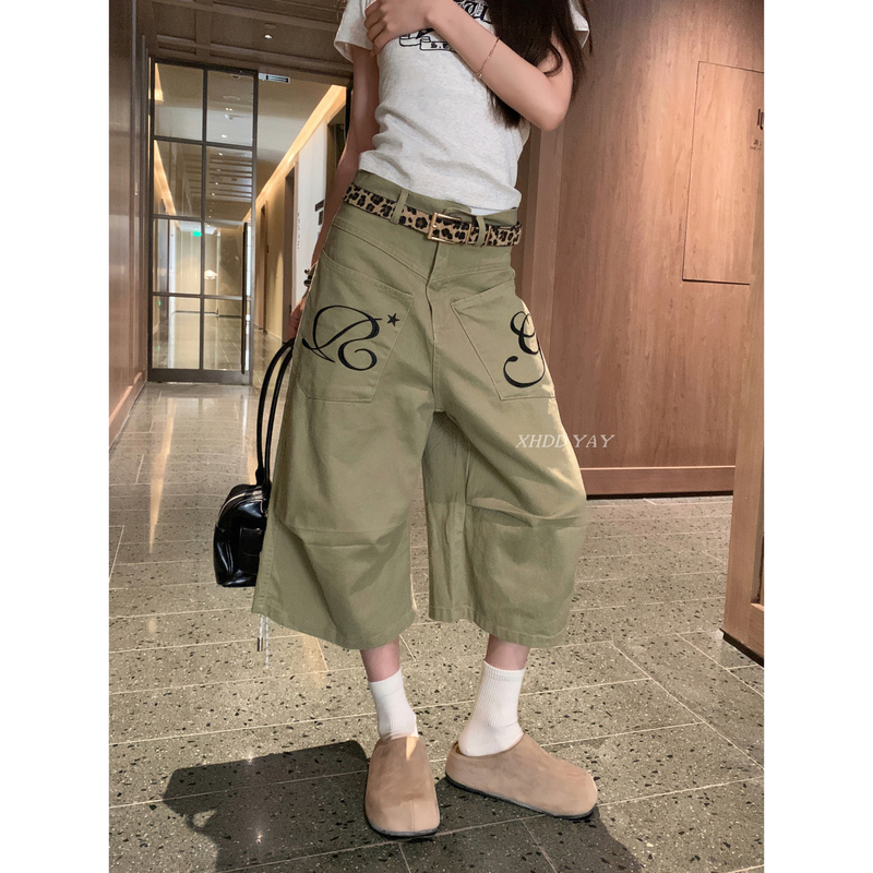 Xhdd Yay Original American Workwear Style Embroidered Wide-Leg Cropped Pants for Women, Spring and Summer, Mid-Low Waist, Loose Casual Pants, Trendy Xhdd Yay Original American Workwear Style Embroidered Wide-Leg Cropped Pants for Women, Spring and Summer, Mid-Low Waist, Loose Casual Pants, Trendy