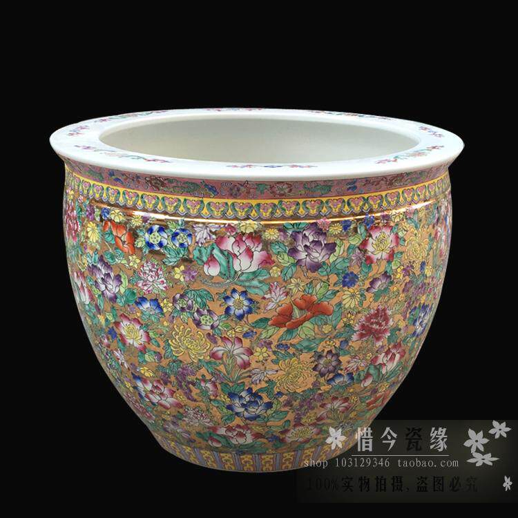 Jingdezhen Ceramic Fish Tank Pendulum ceramic fish tank painting and calligraphy cylinder hand-painted ceramic lotus cylinder ceramic fish tank home