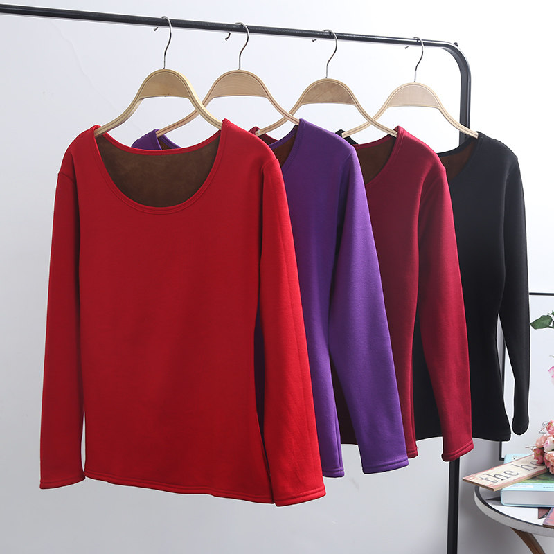 Gush thickened thermal underwear Long sleeves cotton round neckline blouse single piece big code winter close-fitting bottom big red black-Taobao