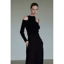 UNSPOKEN black wool knit cardigan with a small crowdsourced 2022 Fall new hanging neck hollowed-out blouse