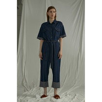 Denim jumpsuit womens 2021 summer new tooling port flavor short sleeve wide leg trousers thin loose straight tube tide