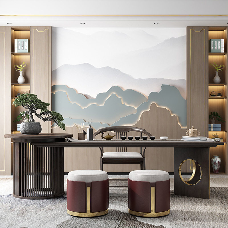 New Chinese style tea table and chair combination Zen solid wood Kung Fu tea table tea room space office one black gold wood furniture