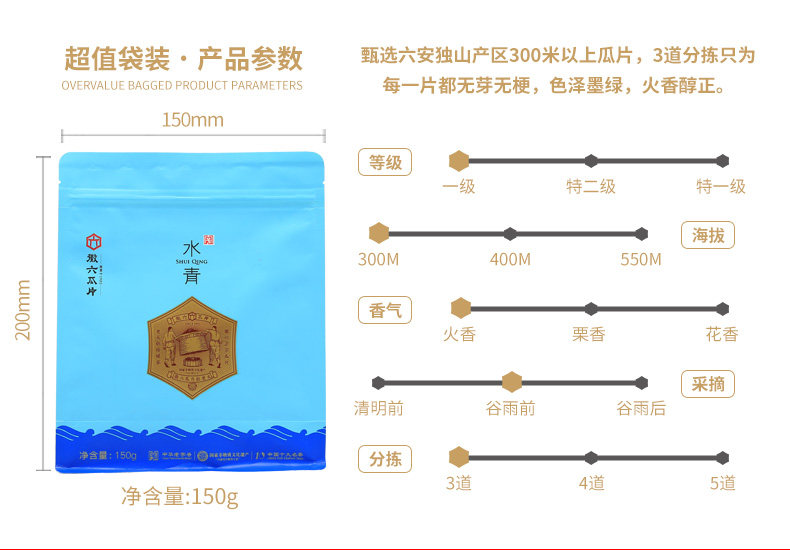 中华老字号 徽六 水青 2022年新茶六安瓜片绿茶 雨前一级 150g 天猫优惠券折后￥49包邮（￥98-49）赠树纹杯