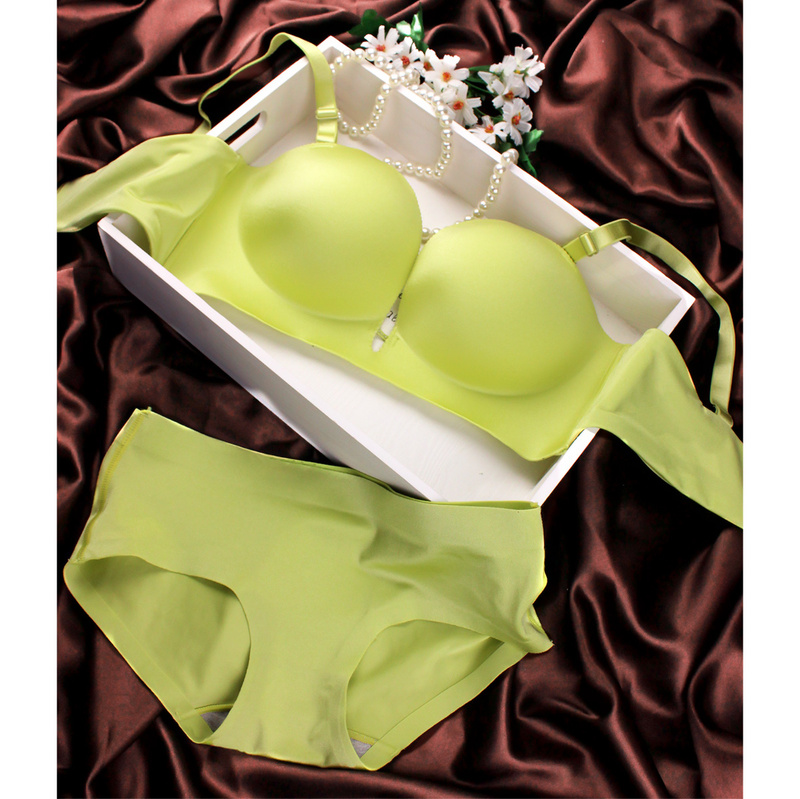 Nb Genuine One-Piece Simple Sexy Glossy Seamless Half-Cup Thickened Deep V Push-Up Bra Set for Women