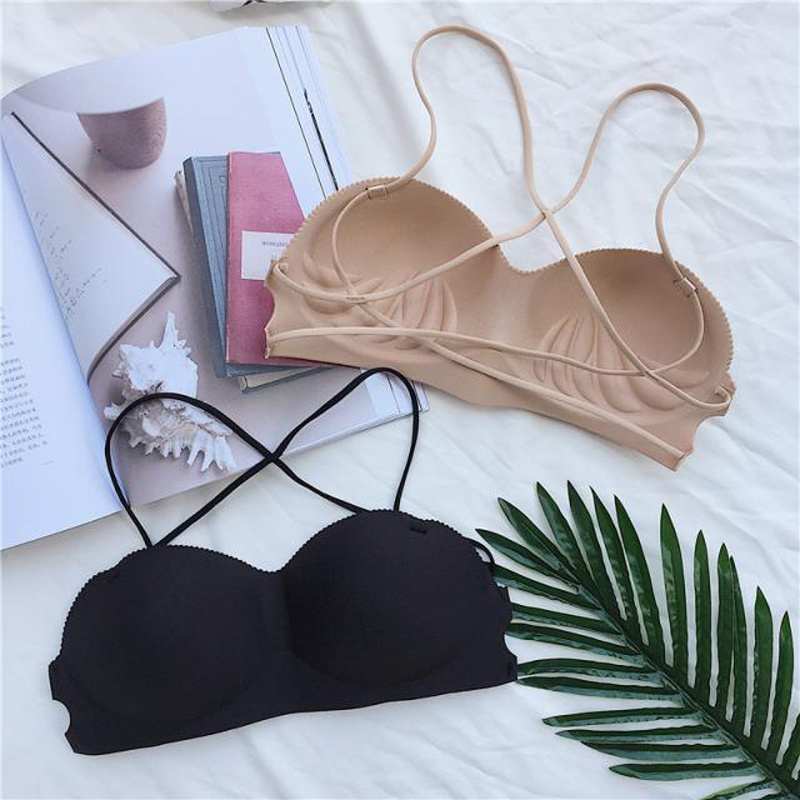 Hanging Neck Glossy 100 lapped to wrap Breasted Bra Beauty Back Underwear No Steel Ring Sexy Girl Skin Color Black