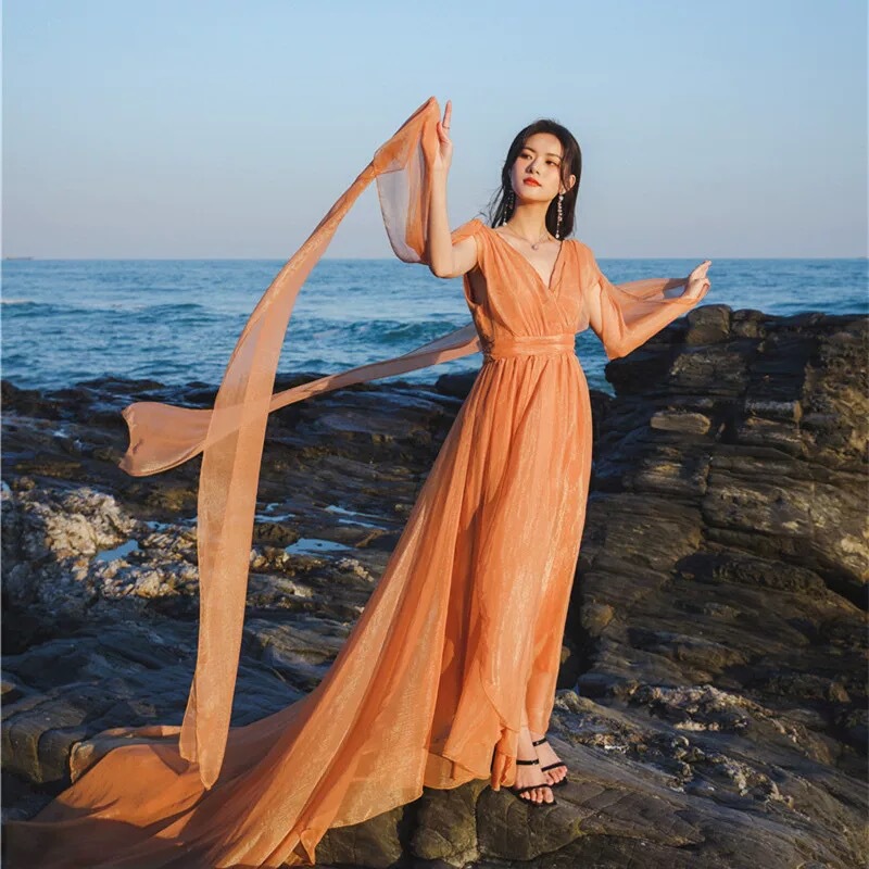 Sanya Red Trailing Beach Dress for Women, Super Fairy-Like Seaside Vacation Dress, Desert Travel Photo Shoot, Large Flared Gown, Long Skirt Sanya Red Trailing Beach Dress for Women, Super Fairy-Like Seaside Vacation Dress, Desert Travel Photo Shoot, Large Flared Gown, Long Skirt