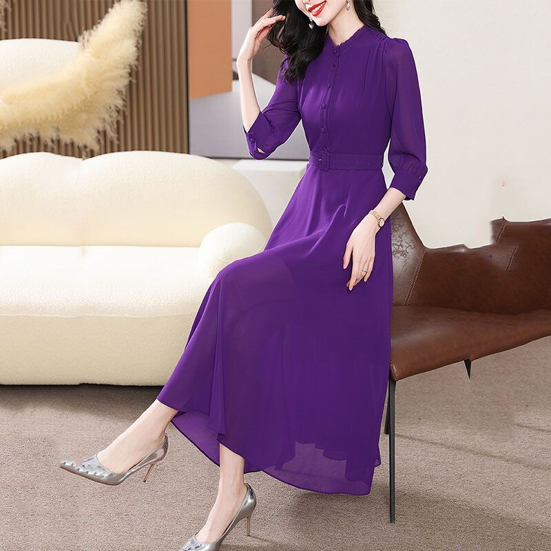 Purple Dress for Women 2024 Spring New Style Three-Quarter Sleeves Slim Fit Ankle-Length Stand Collar Chiffon Elegant Flared Skirt Purple Dress for Women 2024 Spring New Style Three-Quarter Sleeves Slim Fit Ankle-Length Stand Collar Chiffon Elegant Flared Skirt