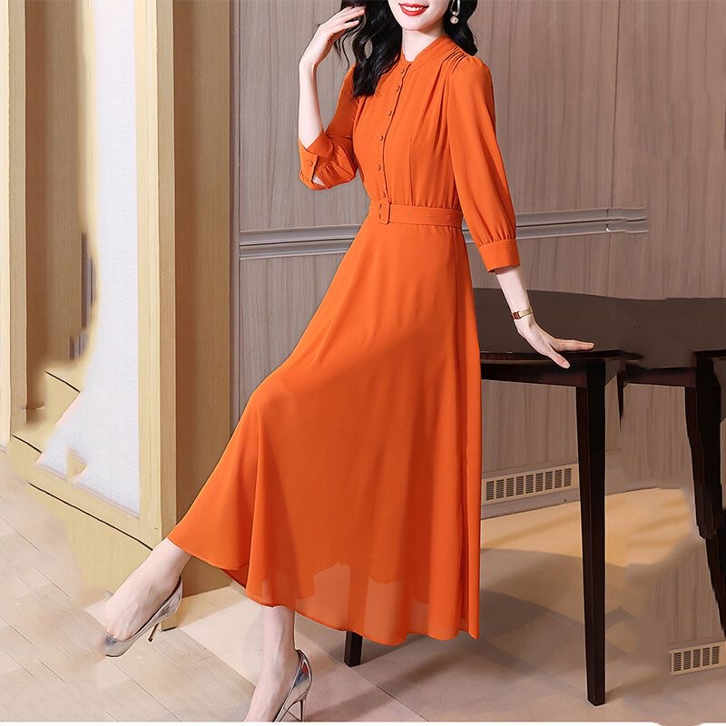 Orange Stand-Up Collar Dress for Women 2024 New Style Three-Quarter Sleeves Elegant Slim Fit Beach Dress Vacation Long Skirt