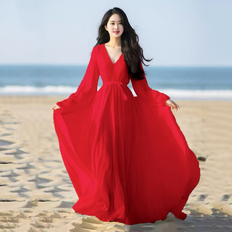 2025 New Beach Dress White Chiffon Dress Spring and Summer Wear Sanya Seaside Vacation Flowing Long Skirt with Large Hem 2025 New Beach Dress White Chiffon Dress Spring and Summer Wear Sanya Seaside Vacation Flowing Long Skirt with Large Hem