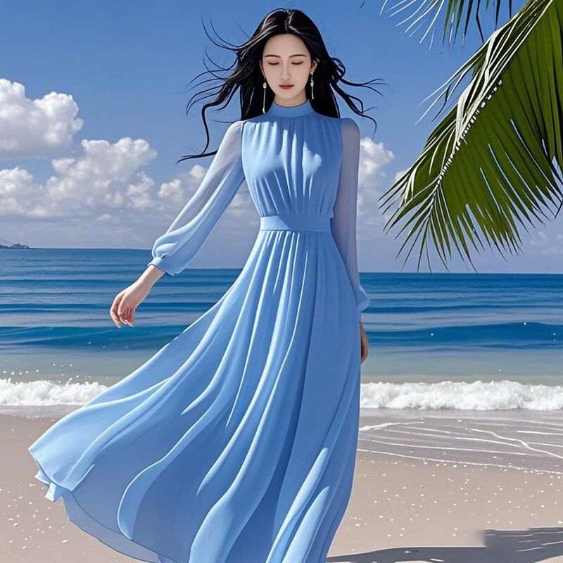 French Style 2025 Chiffon New Long Dress, Slimming and Elegant, Suitable for Travel, Seaside Vacation, Beach, Ankle-Length and Flowing French Style 2025 Chiffon New Long Dress, Slimming and Elegant, Suitable for Travel, Seaside Vacation, Beach, Ankle-Length and Flowing