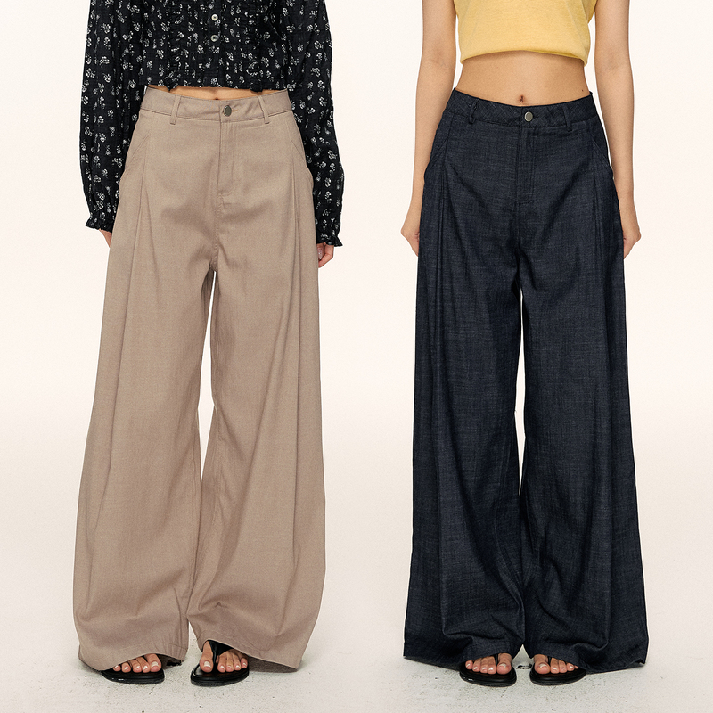Nova Basics Summer Comfortable Pear-Shaped Retro Loose Pleated Casual Long Pants for Women, Thin Versatile Straight-Leg Pants