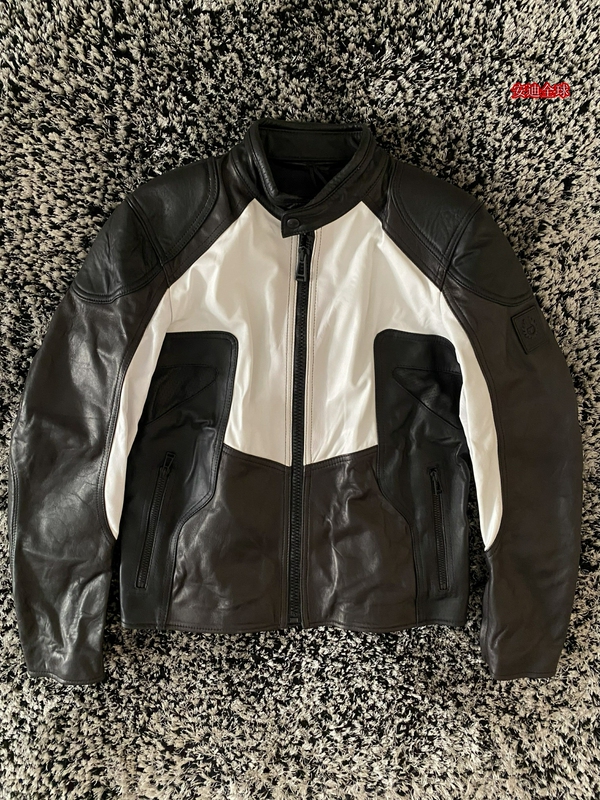 In-Stock Belstaff Men's Black and White Color-Blocked Lambskin Motorcycle Jacket Casual Leather Jacket