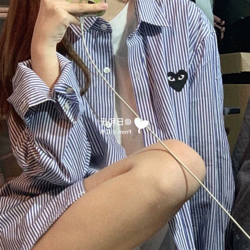 Korean-Style Heart-Shaped Blue Shirt with a Hong Kong Vibe, Unisex, High-End Retro Loose-Fitting Lazy Striped Long-Sleeve Shirt Korean-Style Heart-Shaped Blue Shirt with a Hong Kong Vibe, Unisex, High-End Retro Loose-Fitting Lazy Striped Long-Sleeve Shirt