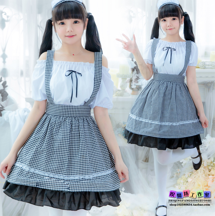 Japanese Maid Dress Black & White Lattice Coffee Shop Maid Service Loaded Cartoon Maid Cosplay 4 pieces