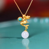 Little Mermaid Hetian Jade white jade beads 925 inlaid ancient method gold pendant hanging ornaments with turquoise