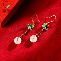 Ethnic style earrings female retro temperament Chinese style natural Hetian Jade safe buckle earrings classical burned blue earrings female